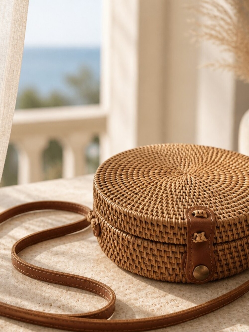 Bohemian Style Rattan Crossbody Circle Bag Leather Snap Closure Beach Coastal